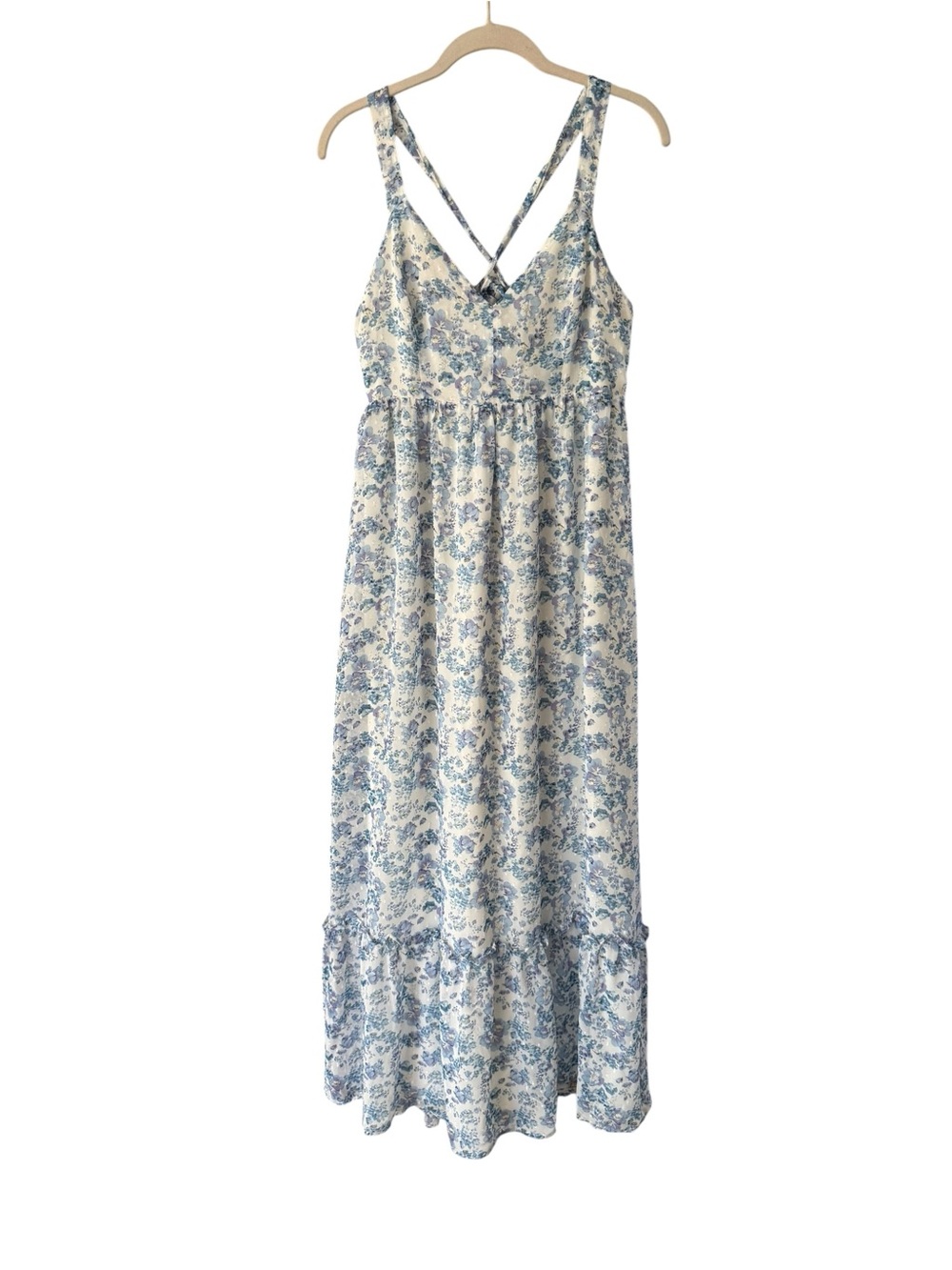 Lulus My Love Story Floral Print Tie-Back Maxi Dress Blue White Size Large Party